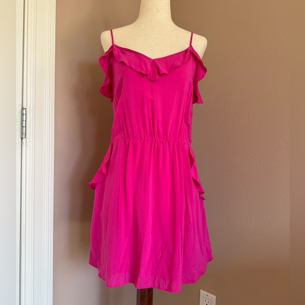 Talula Bright Pink Ruffle Mini Dress with Two Pockets